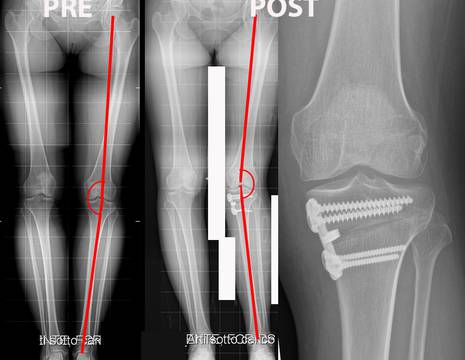 Osteotomia tibiale valgizzante con angolo dell'asse meccanico prima e dopo l'intervento 2